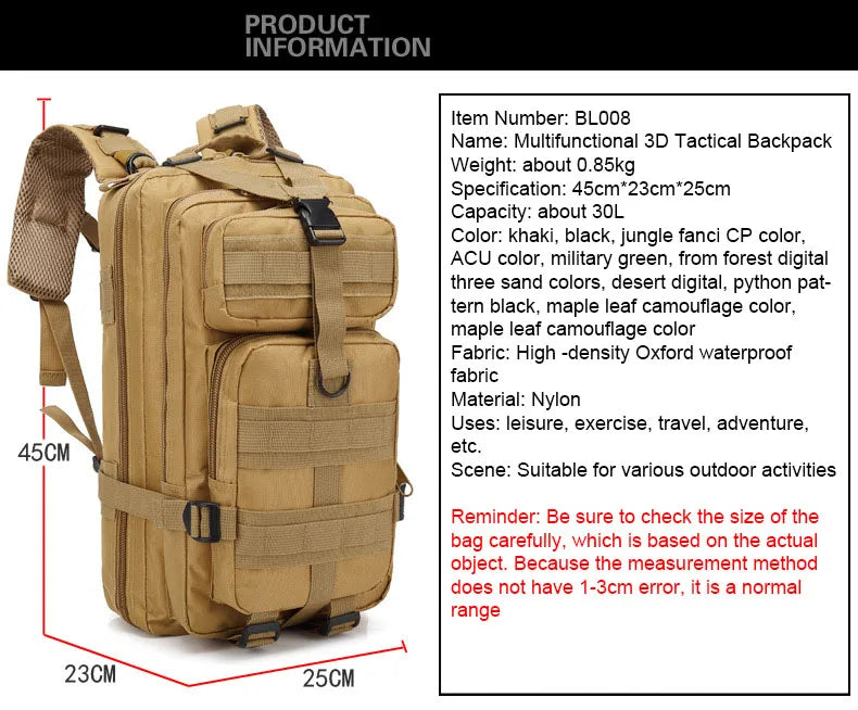 30L/50L Tactical Backpack Men Hiking Camping Backpack Waterproof Rucksacks Army Outdoor Camping Trekking Hunting Bag