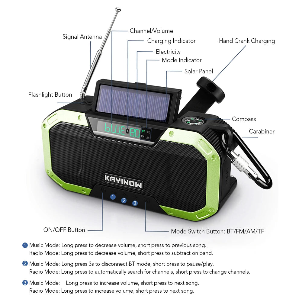 2023 KAYINOW Portable Emergency Solar Hand Crank Radio 5000mAh Power Bank Cranker Flash Light Camping Radio Survival Kit Radio
