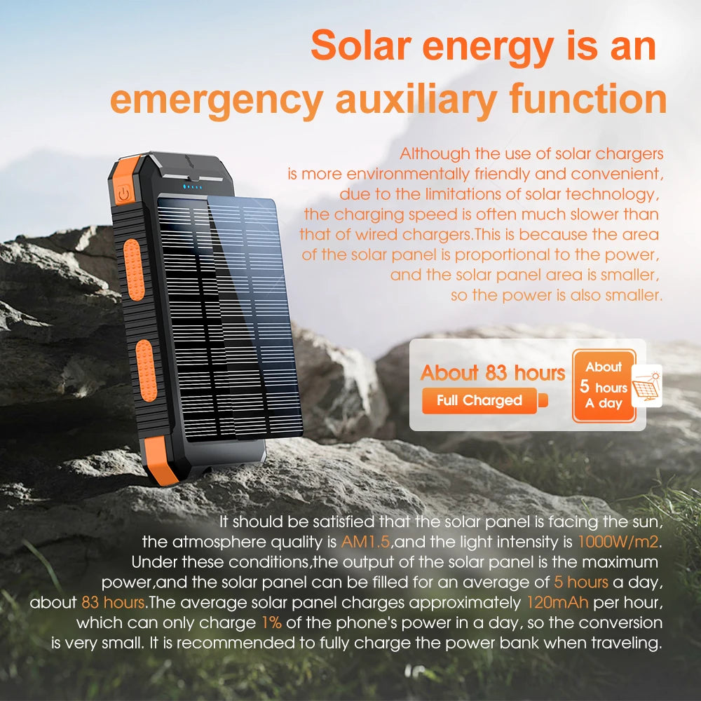 Solar battery pack -10000mAh built-in LED flashlight, climbing button, compass, external solar panel efficient charging, suitabl