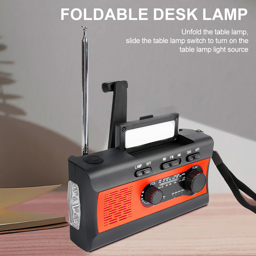 2000mAh Portable Flashlights Multifunctional AM FM Radio with LED Reading Lamp Solar Hand Crank USB Rechargeable Emergency Torch