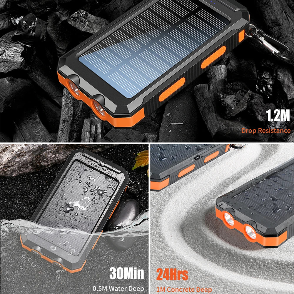 Solar battery pack -10000mAh built-in LED flashlight, climbing button, compass, external solar panel efficient charging, suitabl