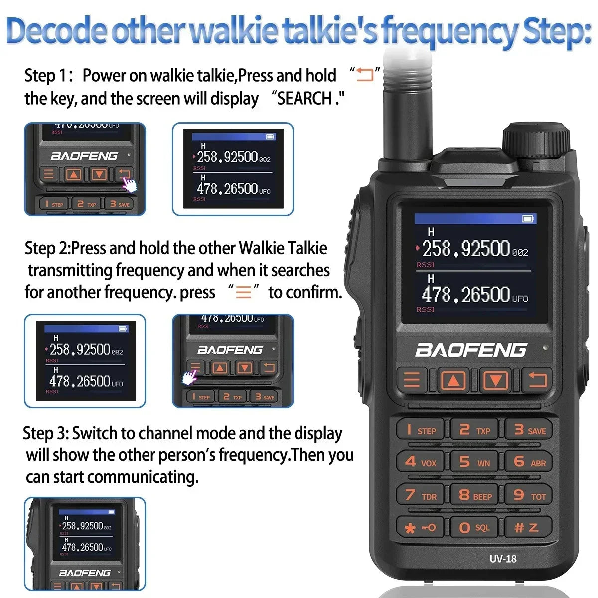 Baofeng UV-18 Non-GPS Walkie Talkie 5W Wireless Copy Frequency 999CH NOAA Long Range Type-C Ham Two Way Radio NO GPS