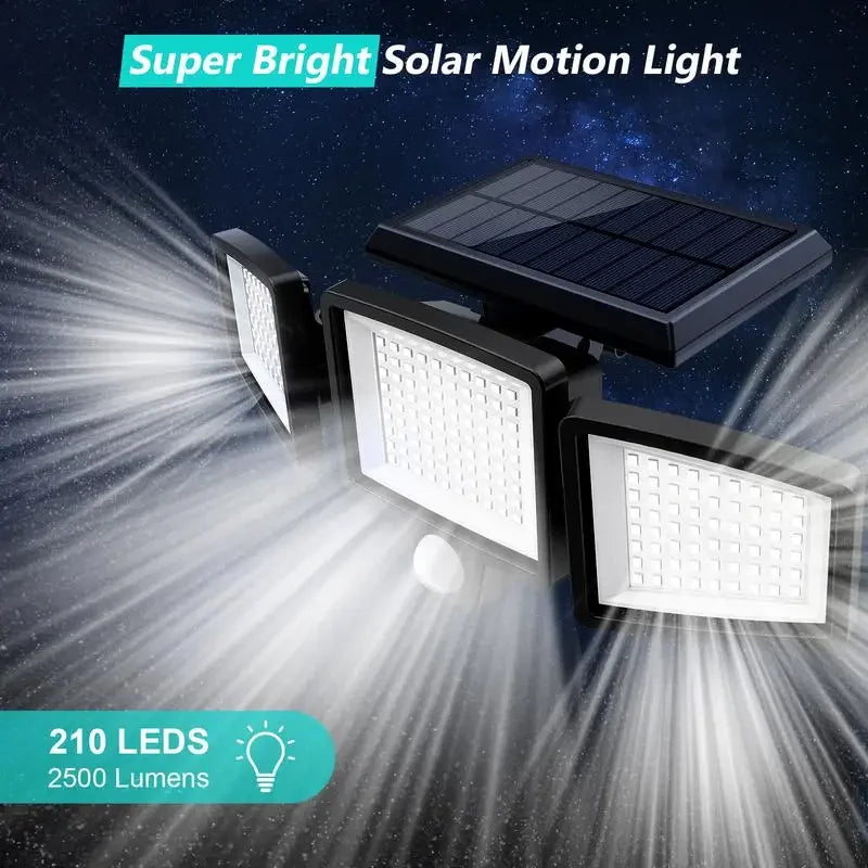 Tuffenough Solar Outdoor Lights 2500LM 210 LED Security Lights with Remote Control,3 Heads Motion Sensor Lights, IP65 Waterproof