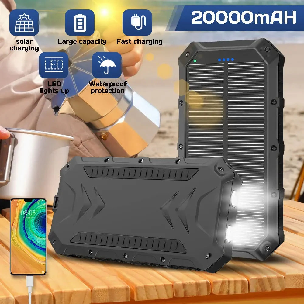 20000mAh Solar Power Bank Portable Charging Power Bank External Battery Charger with Strong Light Double Led Light for iphone