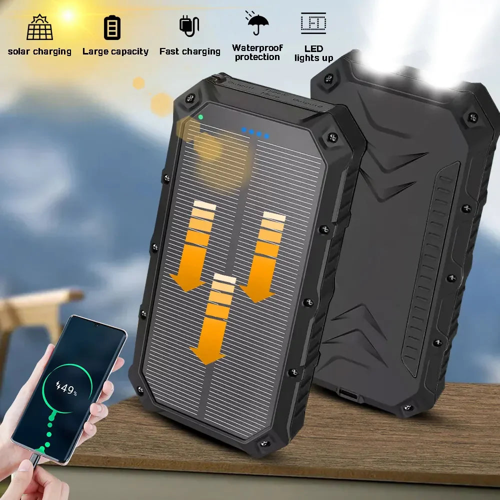 20000mAh Solar Power Bank Portable Charging Power Bank External Battery Charger with Strong Light Double Led Light for iphone