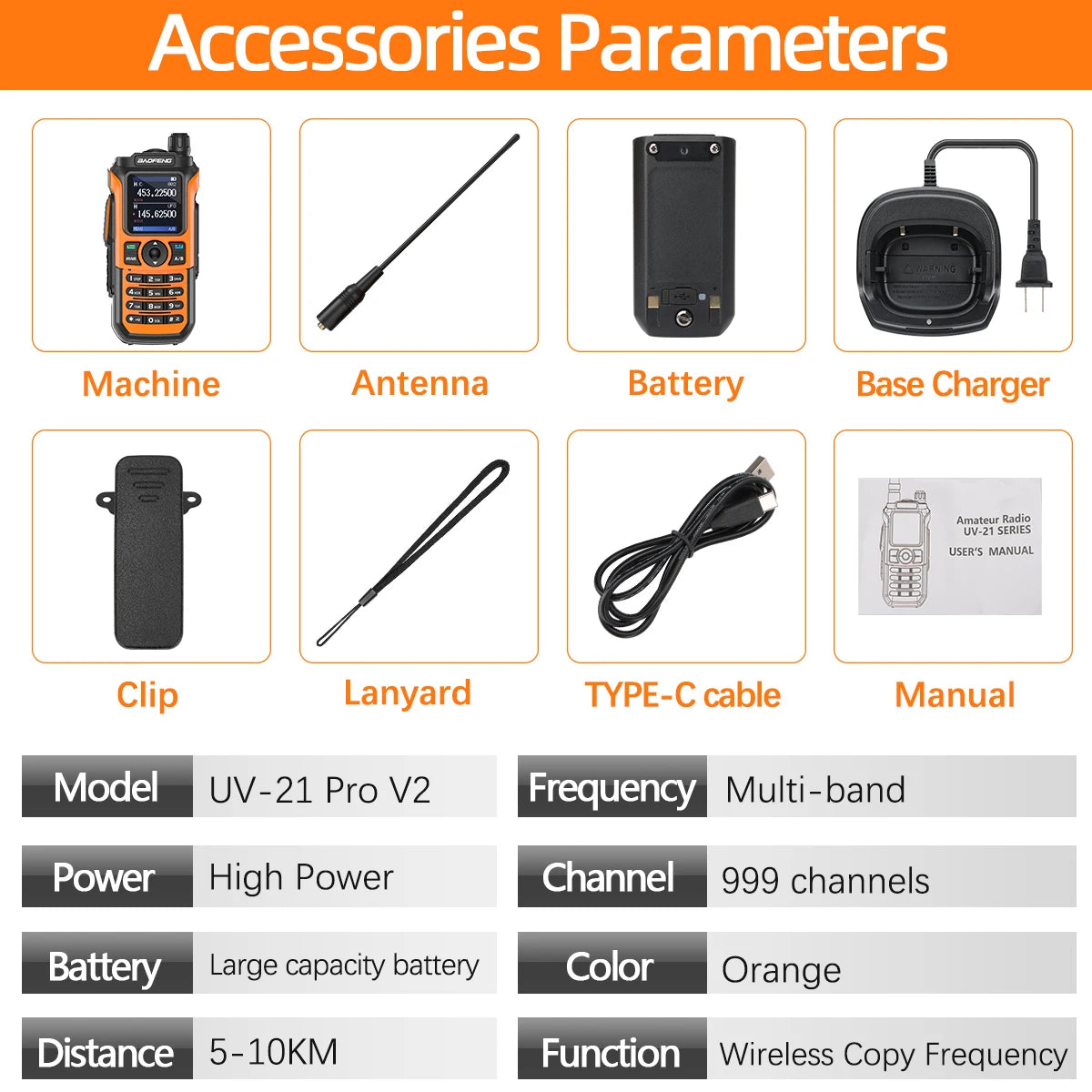 Baofeng UV-21 PRO V2 Long Range Walkie Talkies Multi-band Portable Rechargeable Radio Type-C Wireless Copy Frequency For Hunting