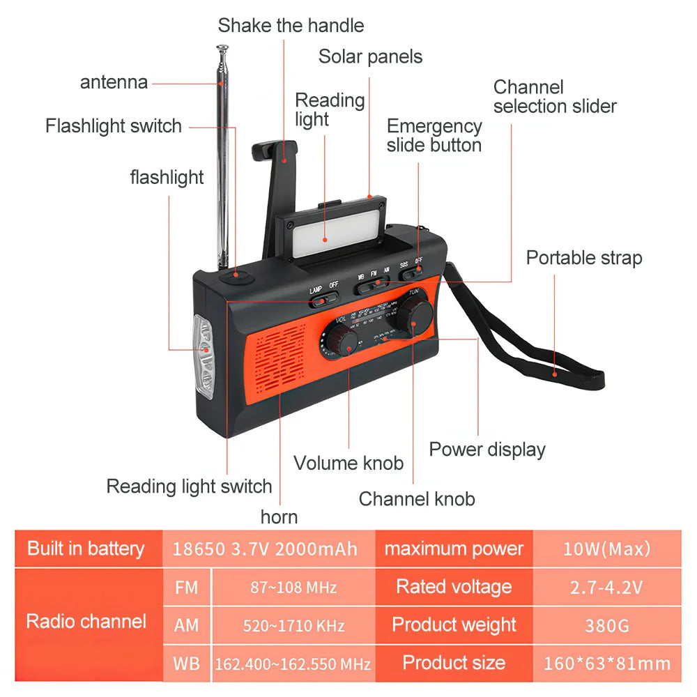 2000mAh Portable Flashlights Multifunctional AM FM Radio with LED Reading Lamp Solar Hand Crank USB Rechargeable Emergency Torch