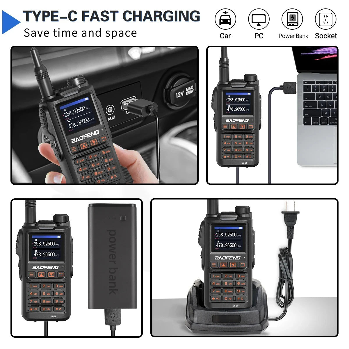 Baofeng UV-18 Non-GPS Walkie Talkie 5W Wireless Copy Frequency 999CH NOAA Long Range Type-C Ham Two Way Radio NO GPS