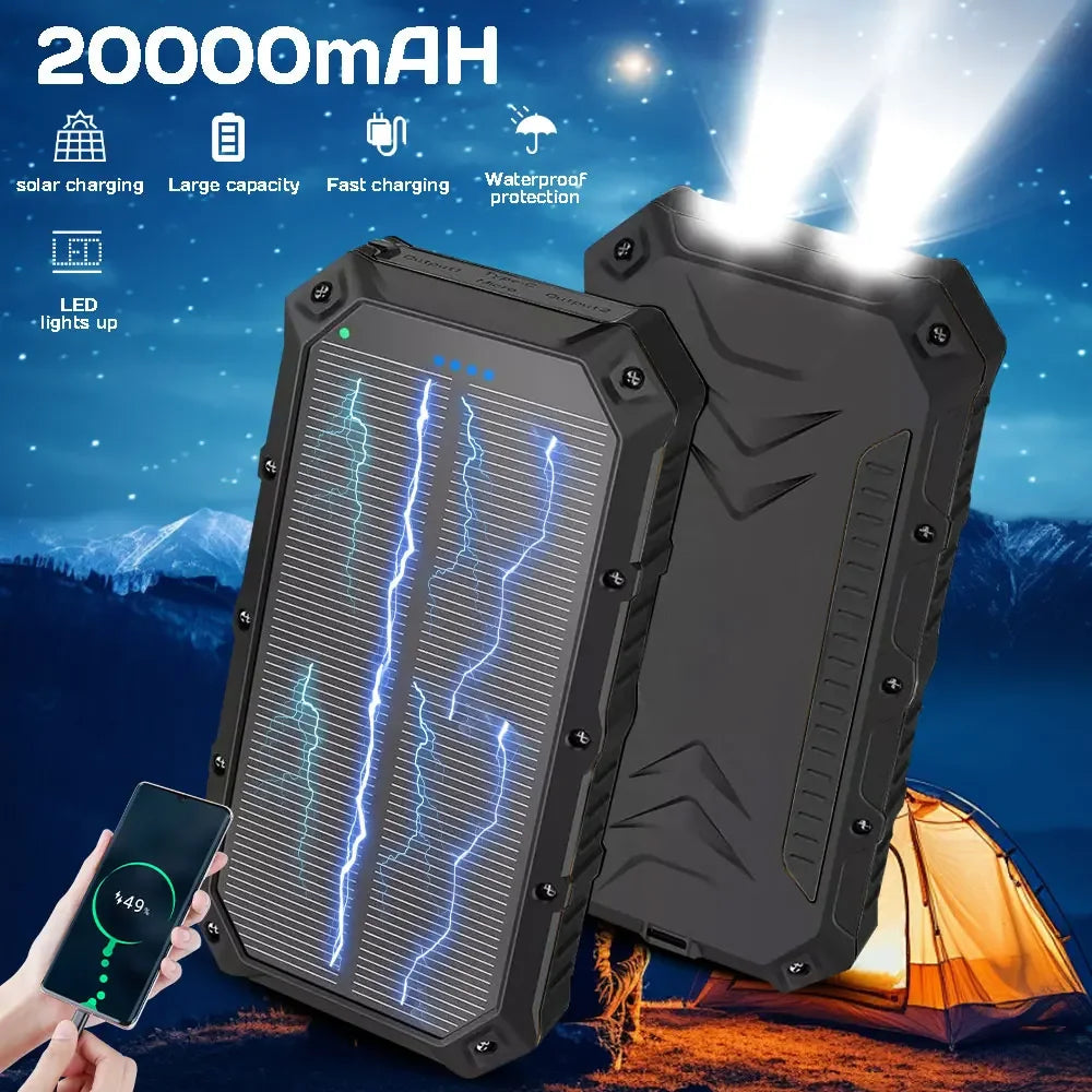 20000mAh Solar Power Bank Portable Charging Power Bank External Battery Charger with Strong Light Double Led Light for iphone