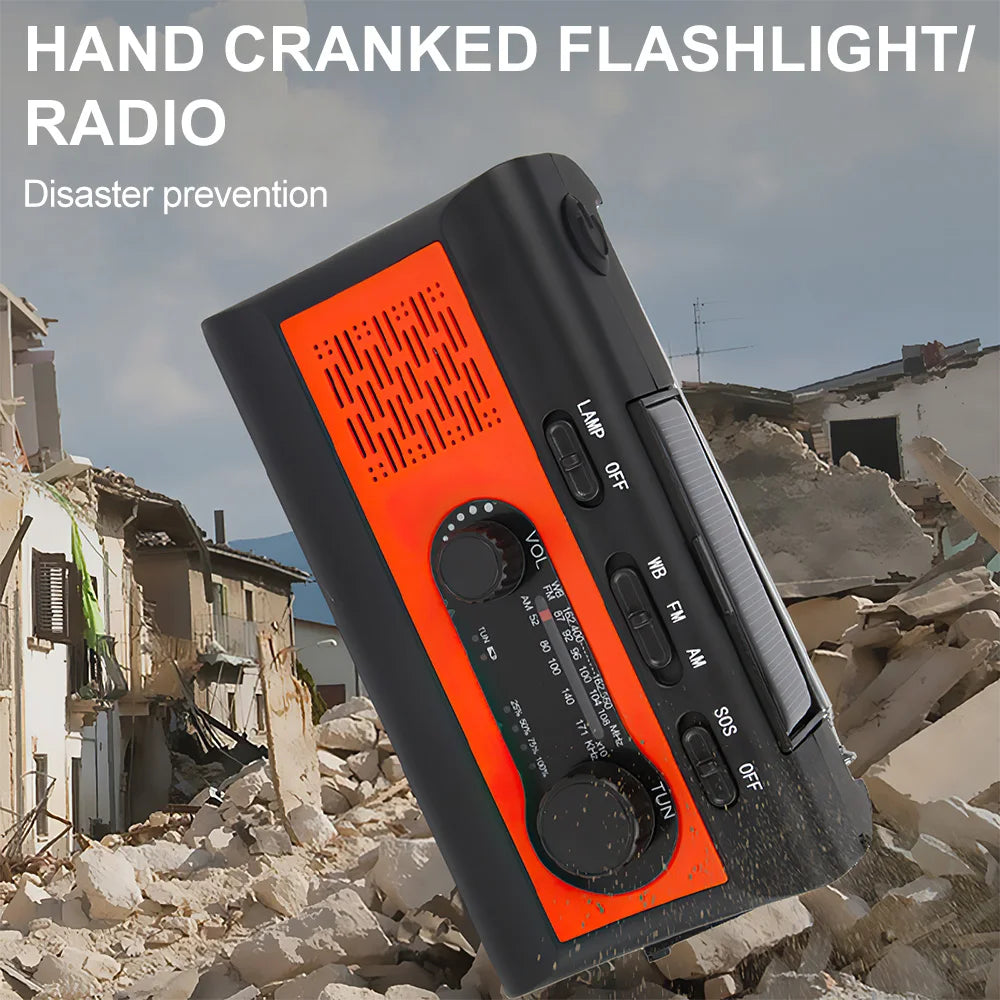 2000mAh Portable Flashlights Multifunctional AM FM Radio with LED Reading Lamp Solar Hand Crank USB Rechargeable Emergency Torch