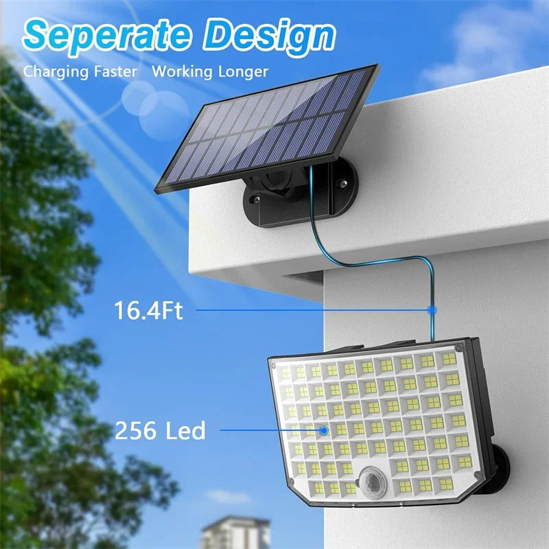 New Solar Outdoor Lights, 256 Solar Powered Motion Sensor Security Lights IP65 Waterproof 3 Modes Flood Lights Outside