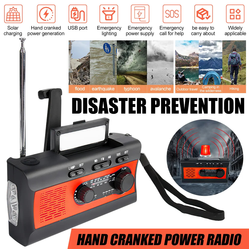 2000mAh Portable Flashlights Multifunctional AM FM Radio with LED Reading Lamp Solar Hand Crank USB Rechargeable Emergency Torch