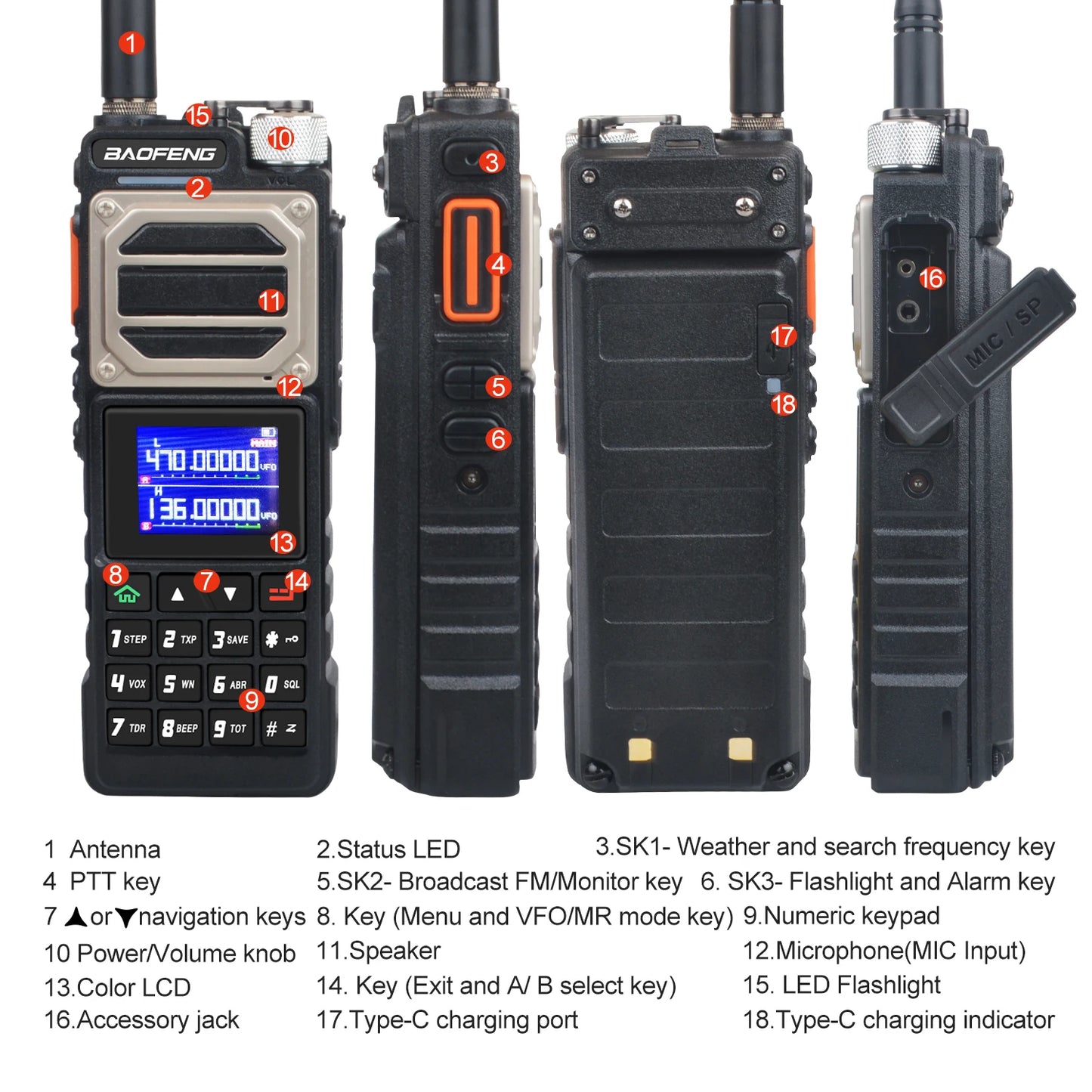 Baofeng 10KM Walkie Talkie UV-25 10W 999Ch Multi-band Amateur FM Radio Freq Copy NoAA Weather Forecast 2800mAh USB-C Battery