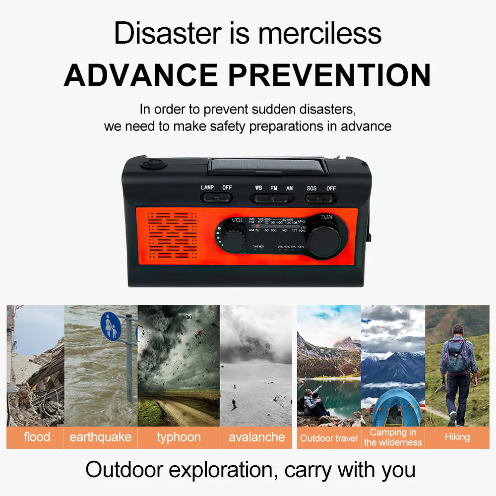 2000mAh Portable Flashlights Multifunctional AM FM Radio with LED Reading Lamp Solar Hand Crank USB Rechargeable Emergency Torch