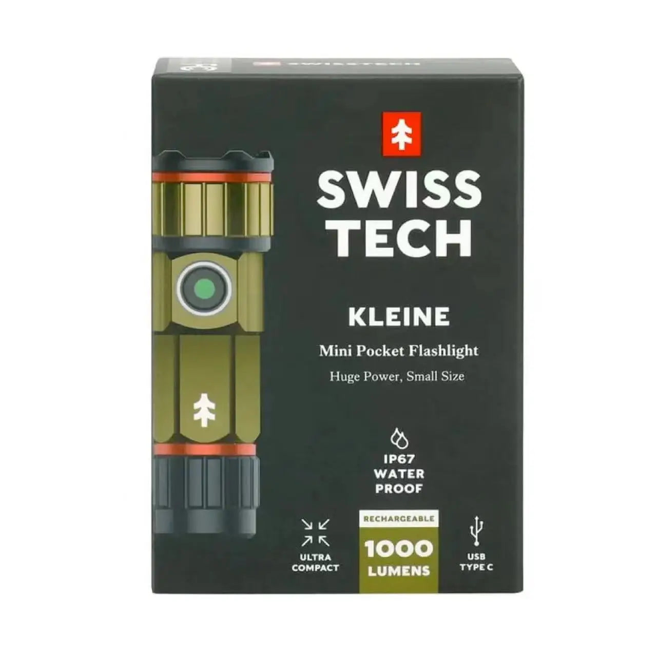 Swiss Tech 1000LM Mini LED Rechargeable Turbo Flashlight, IP67 Weatherproof, 0.18lbs, Green