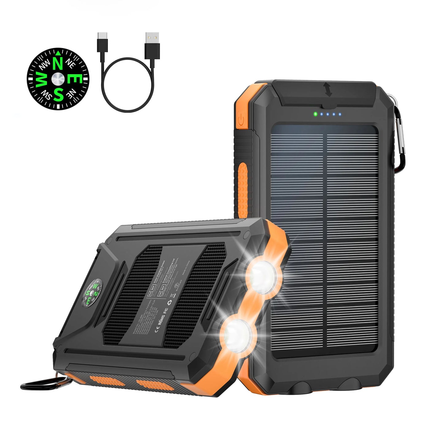 Solar battery pack -10000mAh built-in LED flashlight, climbing button, compass, external solar panel efficient charging, suitabl