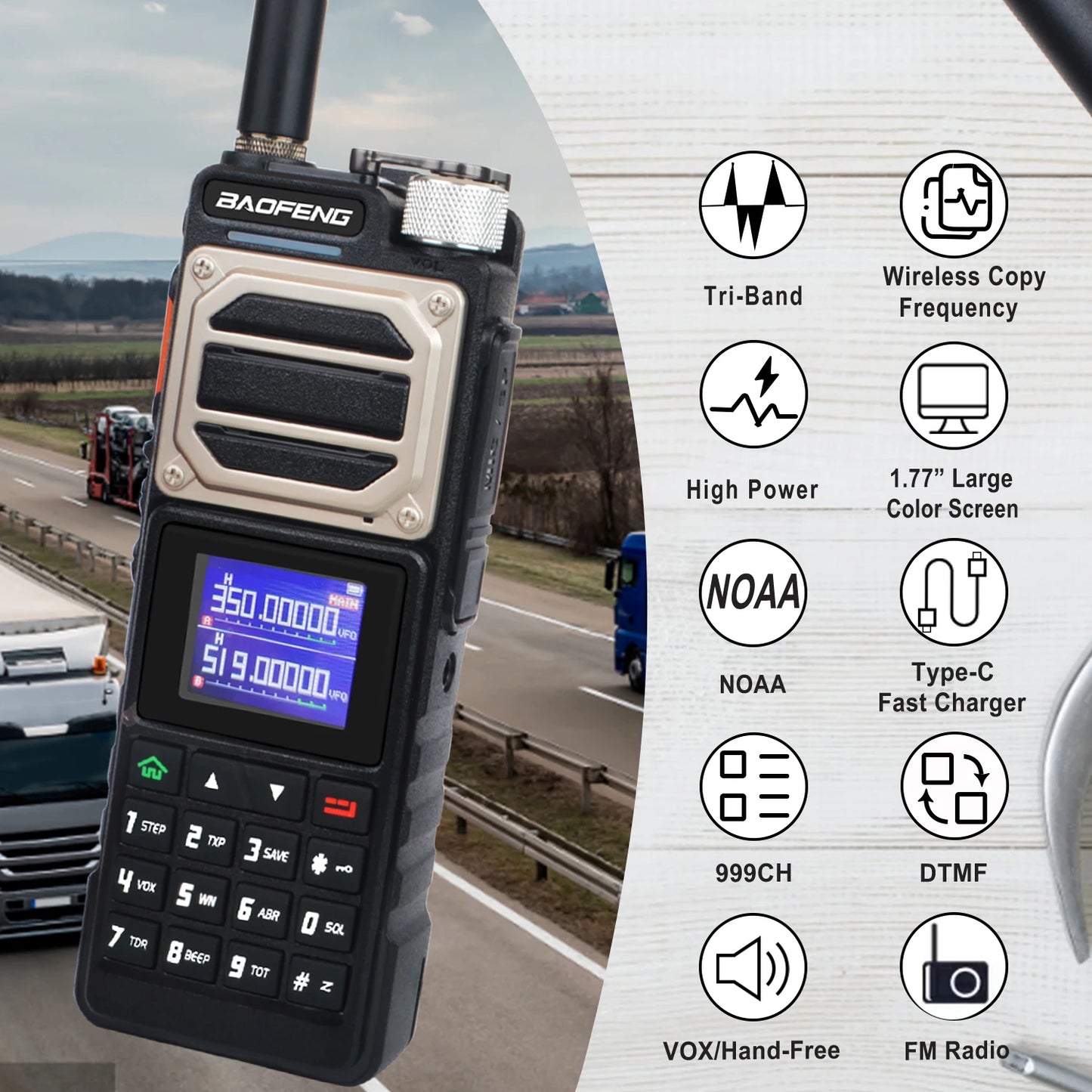 Baofeng 10KM Walkie Talkie UV-25 10W 999Ch Multi-band Amateur FM Radio Freq Copy NoAA Weather Forecast 2800mAh USB-C Battery