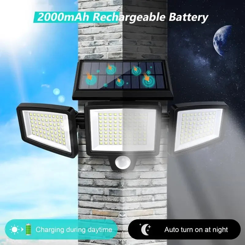 Tuffenough Solar Outdoor Lights 2500LM 210 LED Security Lights with Remote Control,3 Heads Motion Sensor Lights, IP65 Waterproof