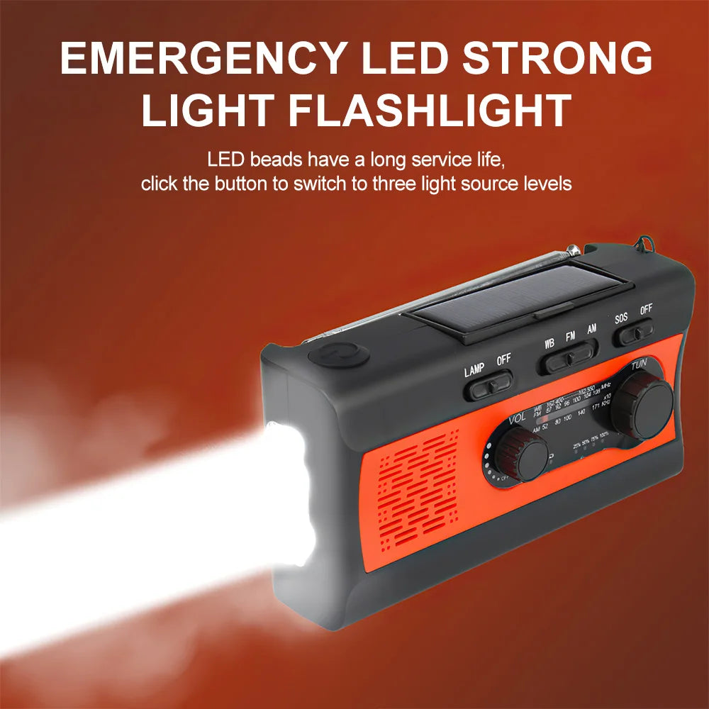 2000mAh Portable Flashlights Multifunctional AM FM Radio with LED Reading Lamp Solar Hand Crank USB Rechargeable Emergency Torch