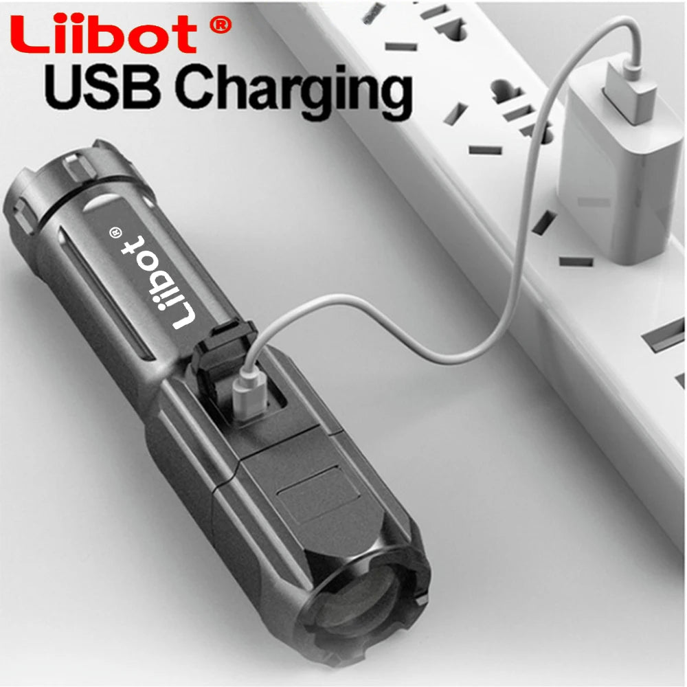 Liibot high power Led flashlight rechargeable flashlight zoom USB handheld light suitable for camping, outdoor and emergency use
