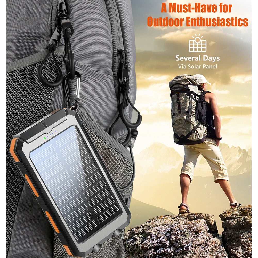 Solar battery pack -10000mAh built-in LED flashlight, climbing button, compass, external solar panel efficient charging, suitabl