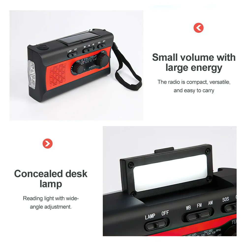 2000mAh Portable Flashlights Multifunctional AM FM Radio with LED Reading Lamp Solar Hand Crank USB Rechargeable Emergency Torch