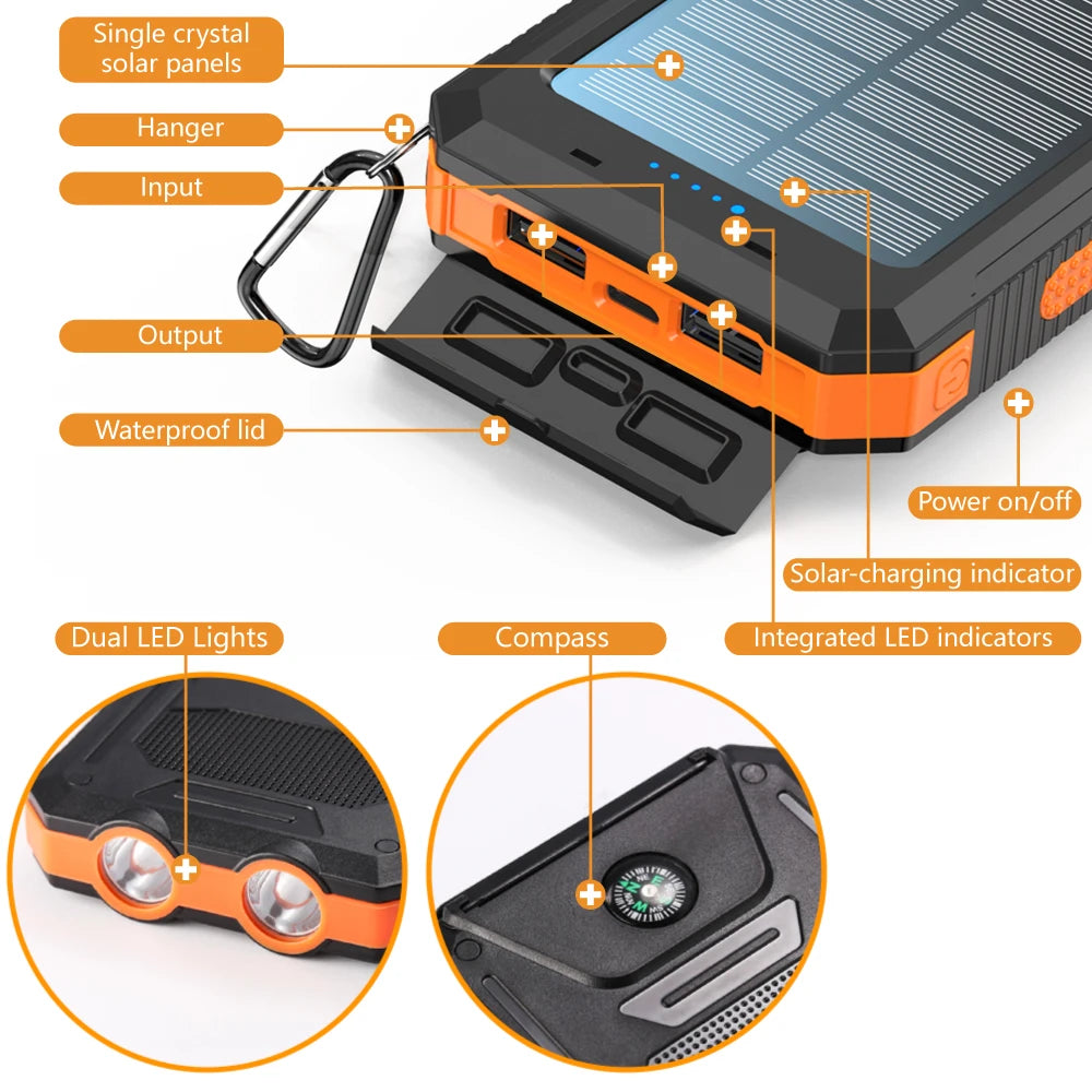 Solar battery pack -10000mAh built-in LED flashlight, climbing button, compass, external solar panel efficient charging, suitabl