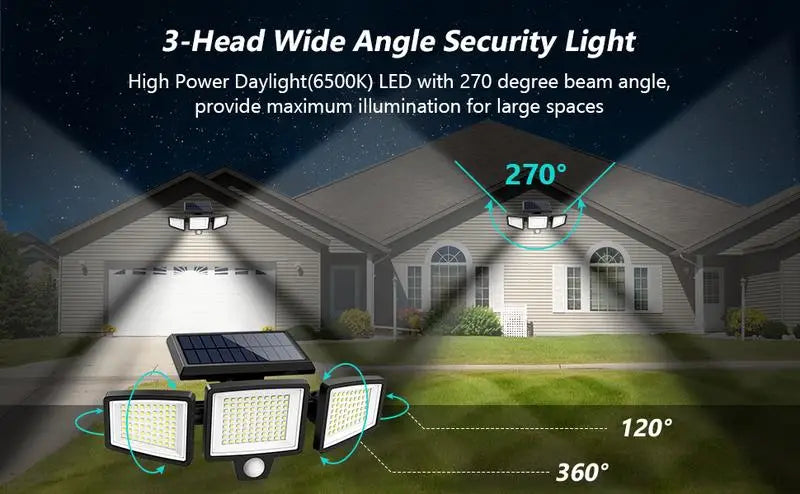 Tuffenough Solar Outdoor Lights 2500LM 210 LED Security Lights with Remote Control,3 Heads Motion Sensor Lights, IP65 Waterproof
