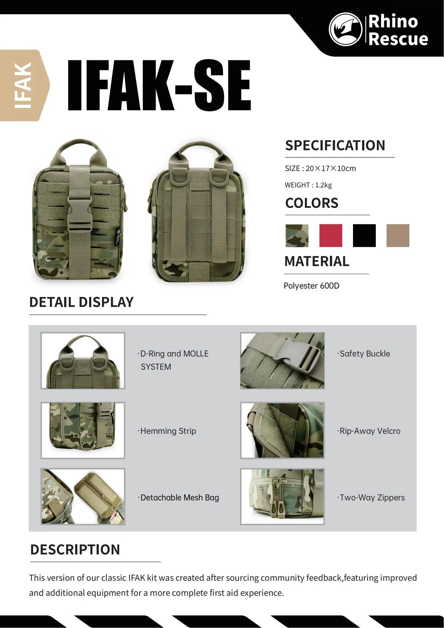 RHINO RESCUE-SE IFAK Trauma First Aid Kit Molle Medical Pouch for Car Home Travel Hiking and Camping,Emergency Survival Gear
