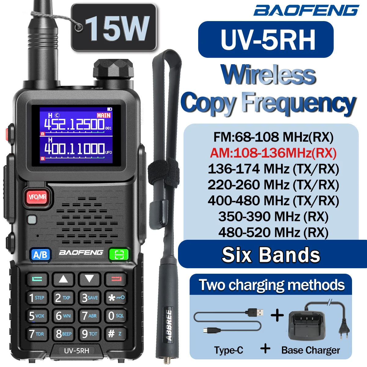 UV 5RH Pro Max 15W Air Band Walkie Talkie Long Range Wirless Copy Frequency Two Way Ham Radio Type-C Baofeng UV 5R Transceiver