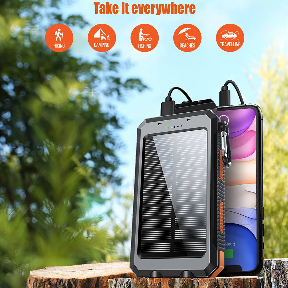 Solar battery pack -10000mAh built-in LED flashlight, climbing button, compass, external solar panel efficient charging, suitabl