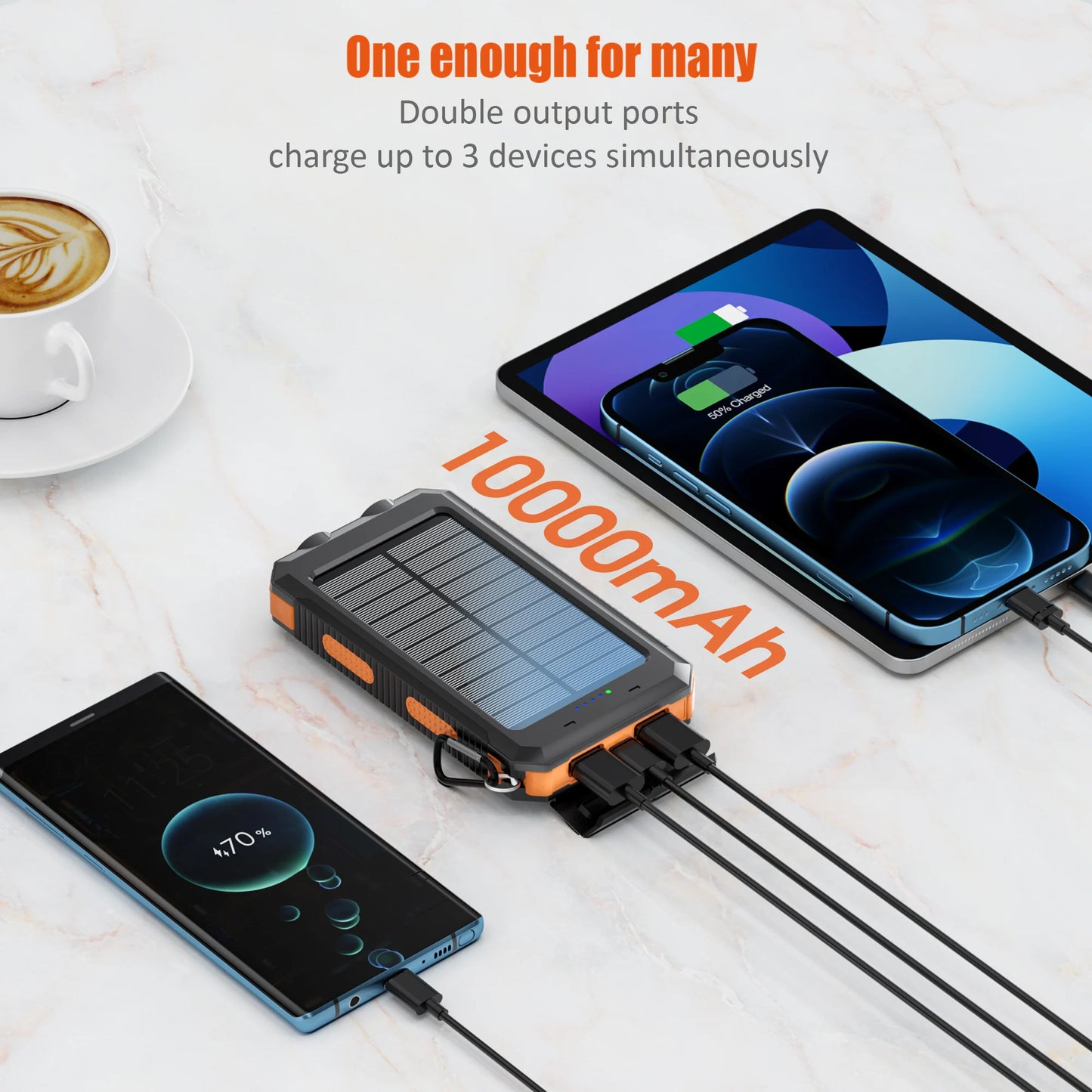 Solar battery pack -10000mAh built-in LED flashlight, climbing button, compass, external solar panel efficient charging, suitabl