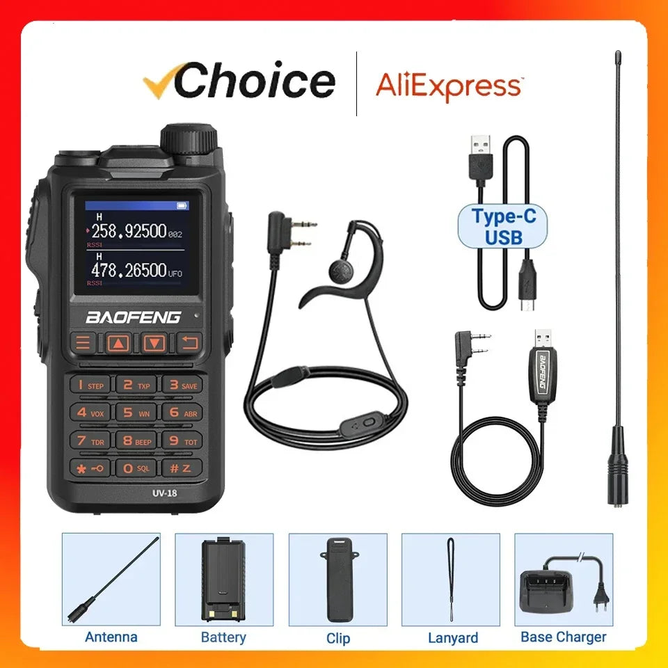 Baofeng UV-18 Non-GPS Walkie Talkie 5W Wireless Copy Frequency 999CH NOAA Long Range Type-C Ham Two Way Radio NO GPS