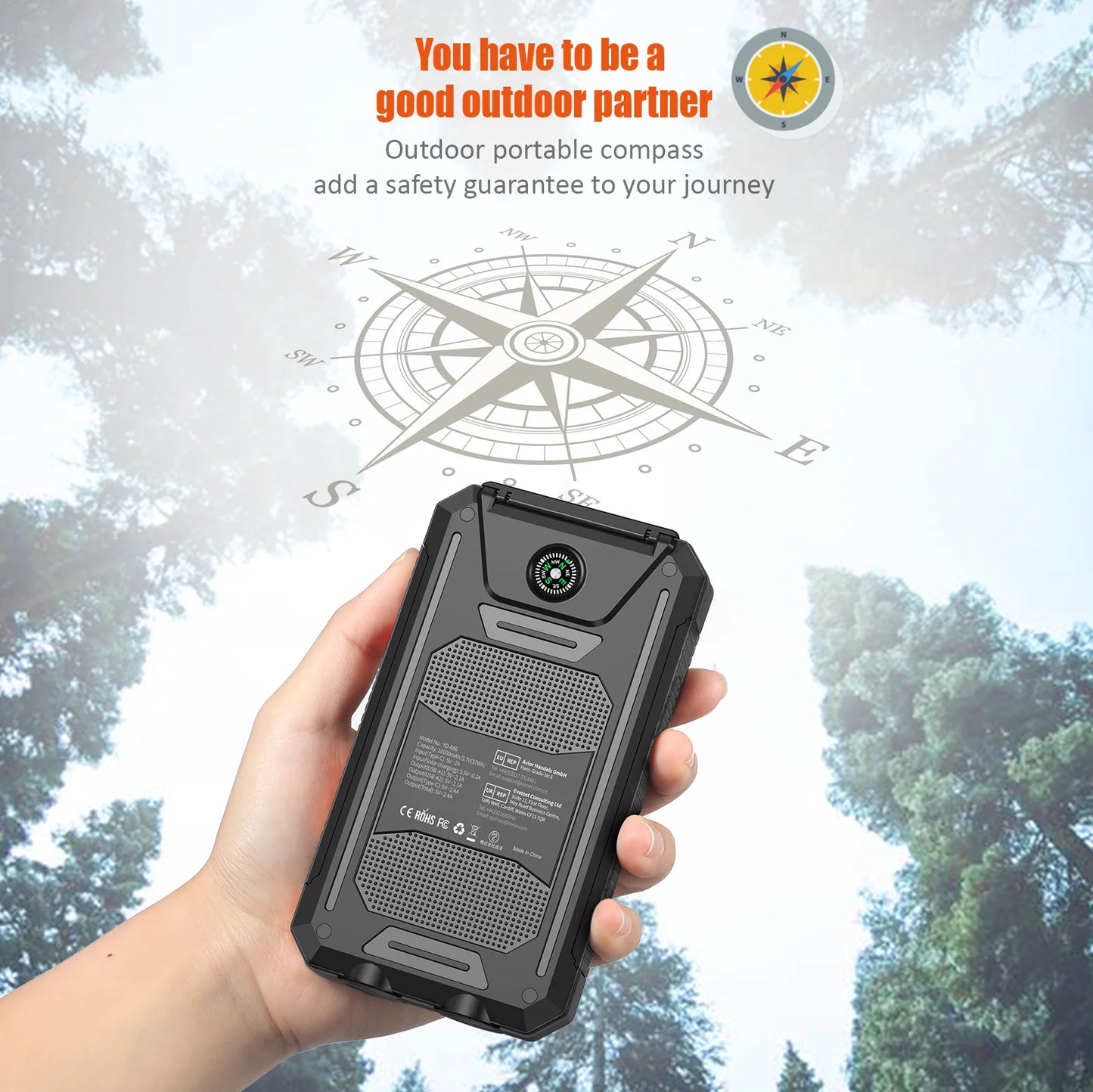 Solar battery pack -10000mAh built-in LED flashlight, climbing button, compass, external solar panel efficient charging, suitabl