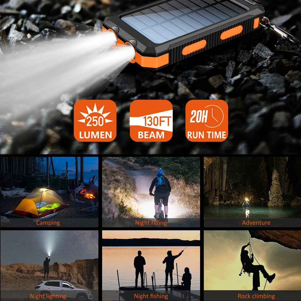 Solar battery pack -10000mAh built-in LED flashlight, climbing button, compass, external solar panel efficient charging, suitabl