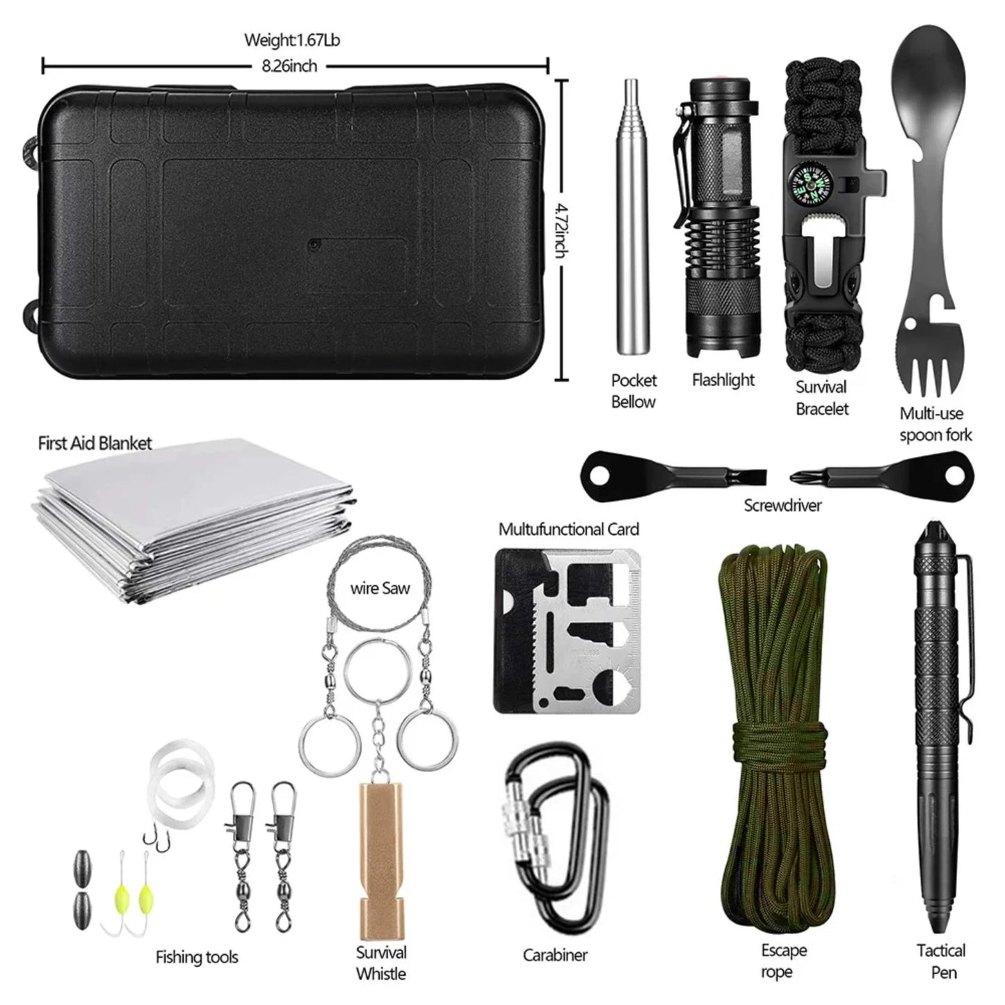 New 15 IN 1 Emergency Survival Kit Gear Camping Travel Multifunction Tactical Defense Equipment First Aid SOS Wilderness Adventu