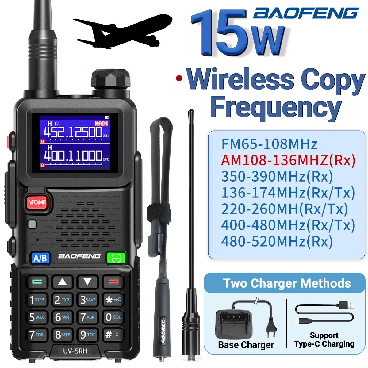 UV-5RH Pro Max 15W Air Band Walkie Talkie Wirless Copy Frequency Type-C NOAA Long Range Baofeng 5RM Ham Two Way Radio