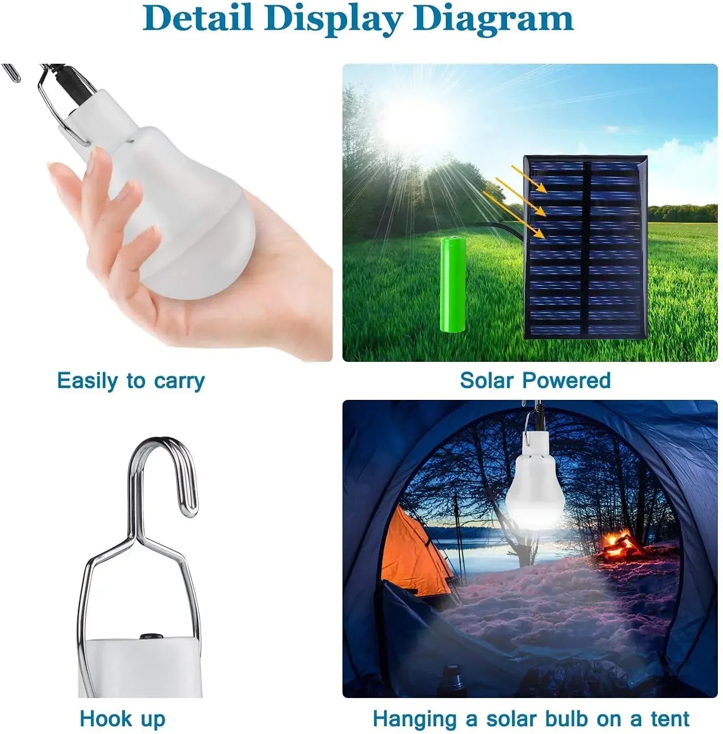 Solar Bulb Light Waterproof Outdoor 5V USB Charged Hanging Emergency Sunlight Powered Lamp Portable Powerful Indoor House